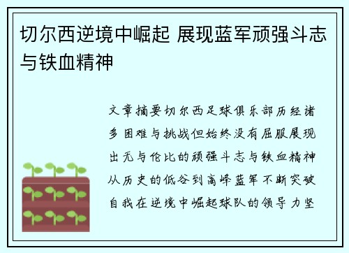 切尔西逆境中崛起 展现蓝军顽强斗志与铁血精神