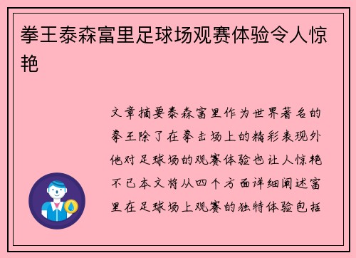拳王泰森富里足球场观赛体验令人惊艳